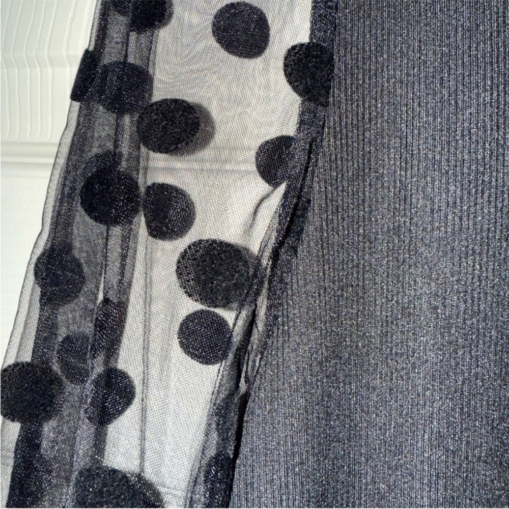 Black Ribbed Bodycon dress with Sheer Polka Dot Sleeves - Picture 5 of 8
